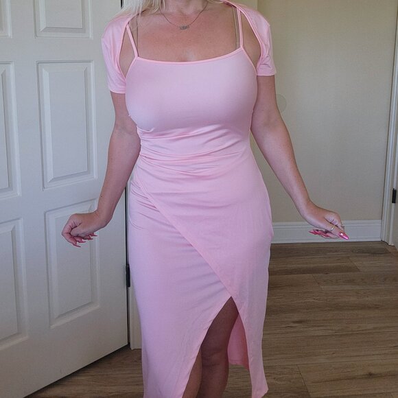 New Shein pink sleeveless ruched dress with shrug size L - Picture 2 of 10